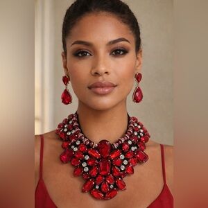 Statement Red Crystal Bib Necklace with Matching Drop Earrings